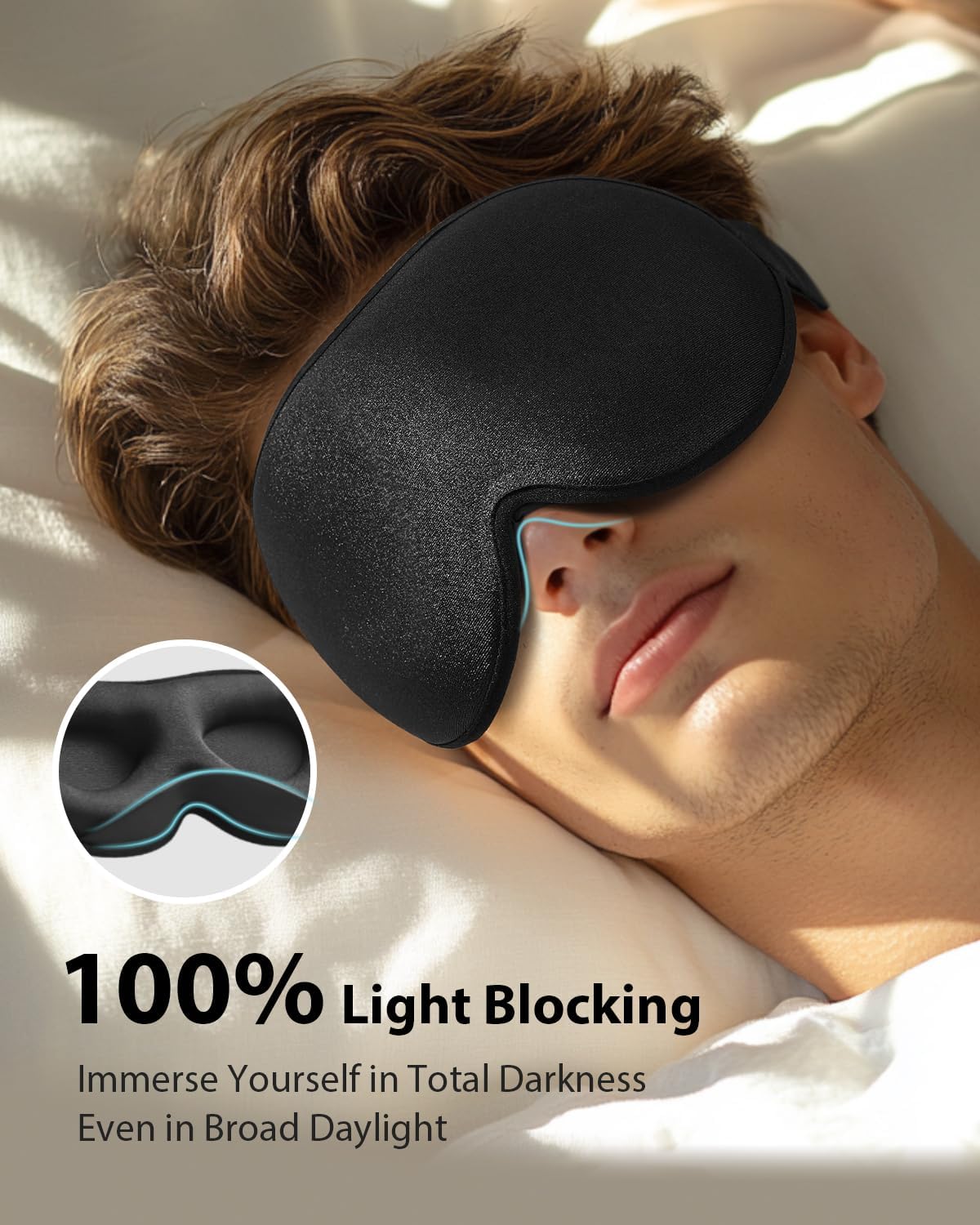 Máscara de Dormir com Peso – 3D Contornada, Efeito Blackout, Tira Ajustável para Homens e Mulheres