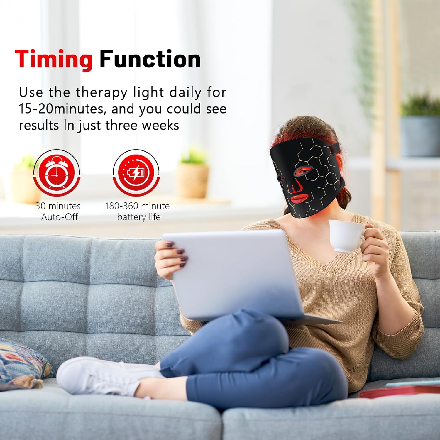Máscara LED de Fototerapia Facial – 8 Modos, Terapia de Luz Vermelha e Infravermelha, Anti-Envelhecimento, com Controlo Remoto e Temporizador