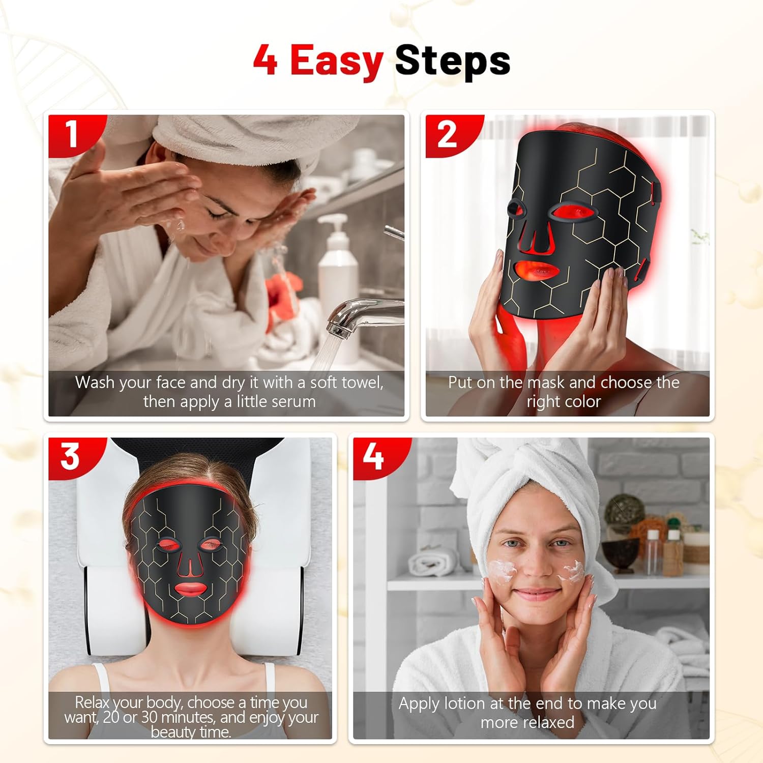 Máscara LED de Fototerapia Facial – 8 Modos, Terapia de Luz Vermelha e Infravermelha, Anti-Envelhecimento, com Controlo Remoto e Temporizador