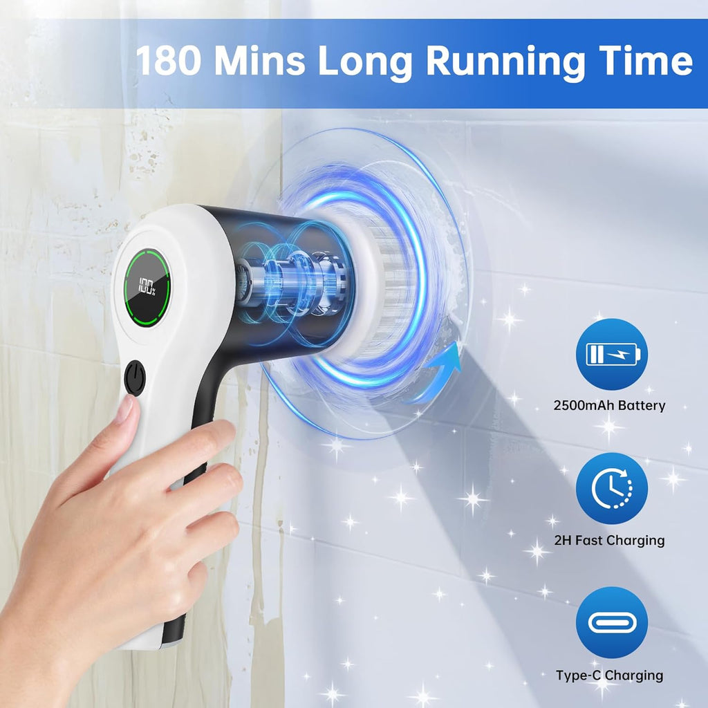 Electric Spin Scrubber, Cordless Shower Scrubber with Battery Level Display